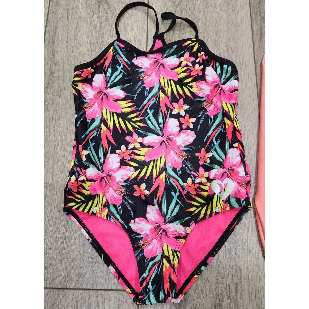 Hurley Girls Swimsuit 5/6 Tropical Floral One Piece & Carter's Rash Guard Top 5T